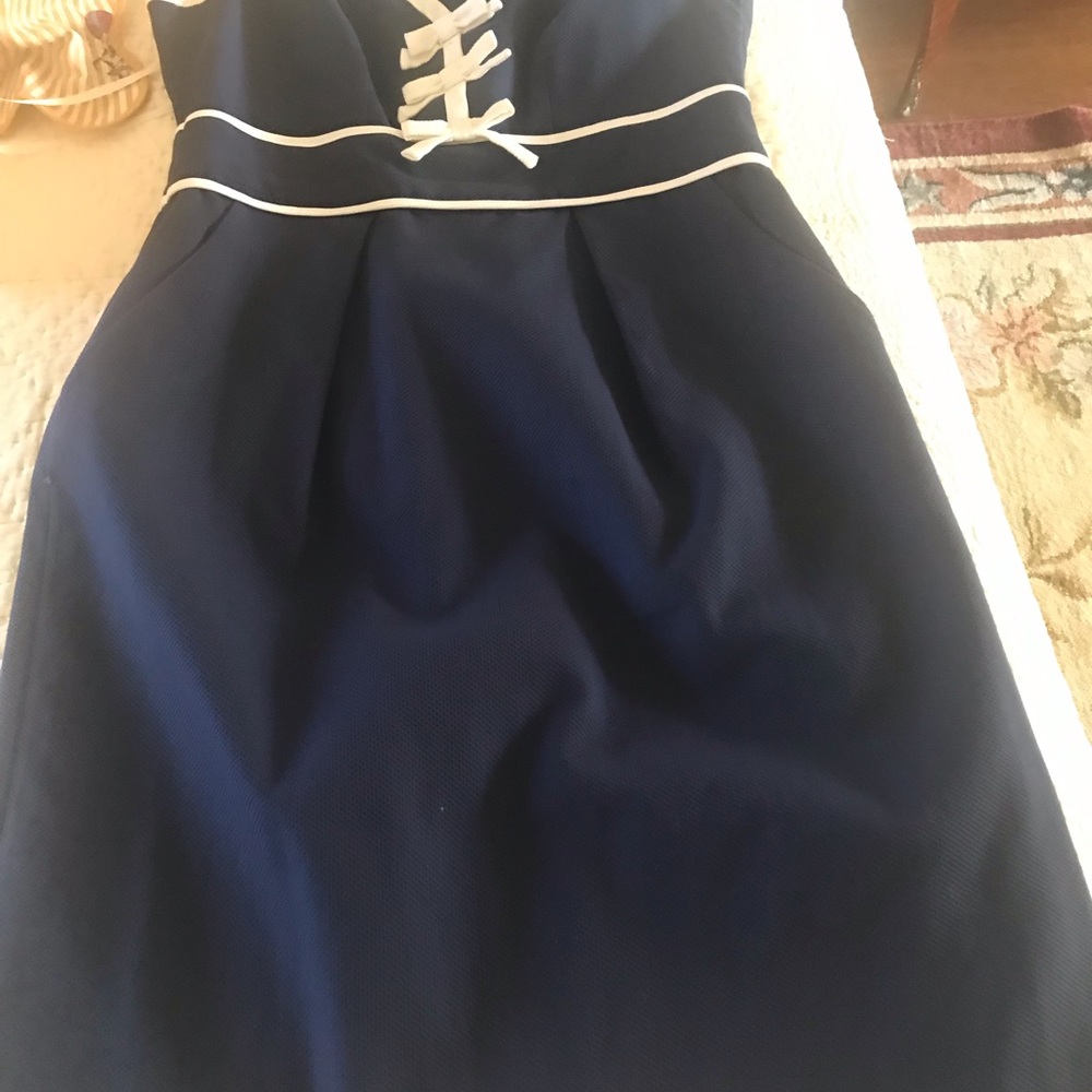 White and Blue Strapless Pleated Sheath Dress Luisa Spagnoli, like new